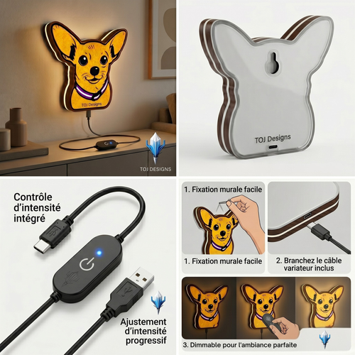 Custom pet portrait lightbox LED sign full body silhouette — handmade in Québec by TOJ Designs