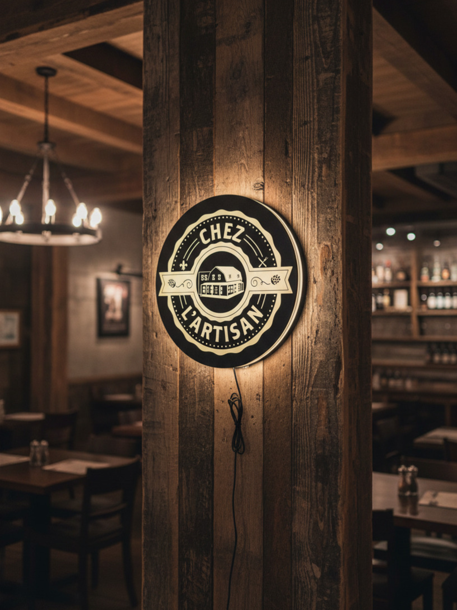 Round backlit LED logo sign « Chez L'Artisan » glowing on a rustic wood column in a restaurant — custom sign by TOJ Designs
