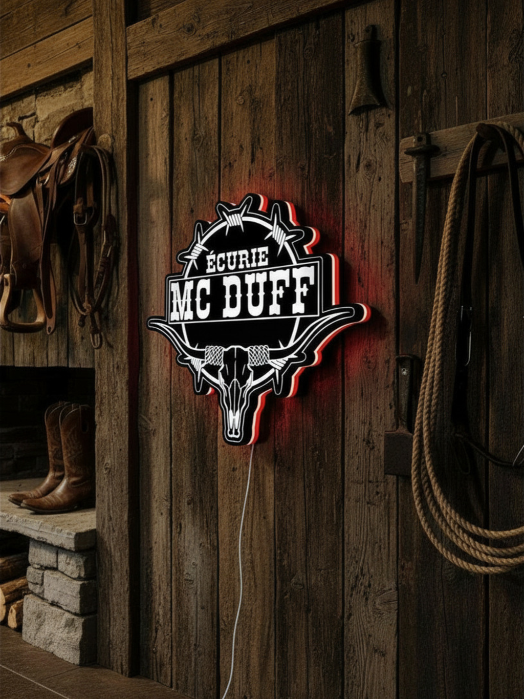 Custom logo-outline backlit LED sign « Écurie Mc Duff » with a bull skull, illuminated on barn wood — TOJ Designs
