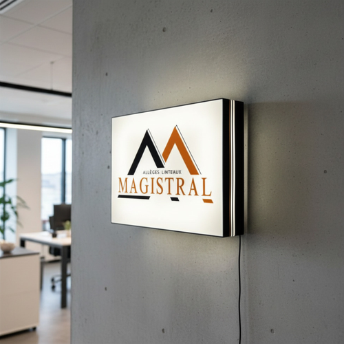 Rectangular lightbox LED logo sign « Magistral » lit on an office wall — custom business sign by TOJ Designs