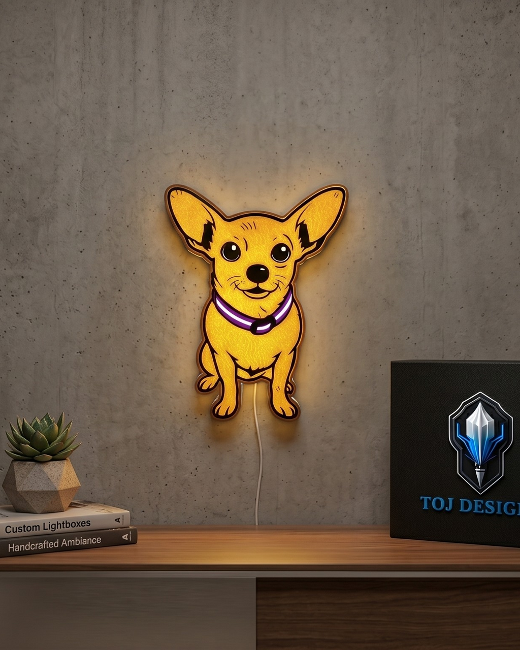Custom 3D light-up pet sign glowing on wall — made in Canada by TOJ Designs